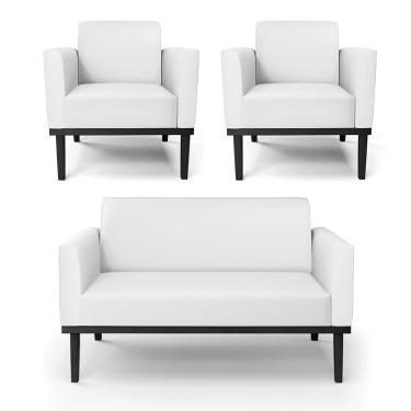 Imagem de Conjunto 2 Poltronas e 1 Namoradeira Decorativa Isabella Pés Fixo em Madeira Preto PU Branco G19 - Gran Belo