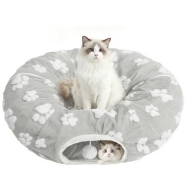 Imagem de Homimp Cama de túnel para gatos com tapete central, playground de tubo grande com brinquedo de bola de pelúcia, caverna de gato Peekaboo com almofada circular lavável para gatos internos, esconderijo