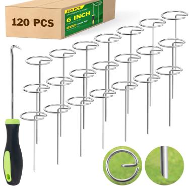 Imagem de Grampos de paisagem resistentes de 15 cm - pacote com 120 pinos de jardim de aço galvanizado de calibre 8 com topo circular - Fixação superior para tecido, lonas e tendas de ervas daninhas