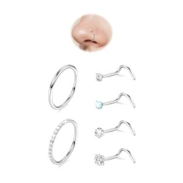 Imagem de davka 6 peças de argolas de nariz 18G CZ e 20 g conjuntos de brincos de nariz para mulheres e homens, hipoalergênico, aço 316L, clique/saca-rolhas narina/hélice de septo/joias de piercing de