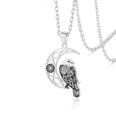 Imagem de VASSAGO Colar de corvo viking para mulheres e homens, aço inoxidável, lua crescente, pingente de corvo, amuleto, joia de presente, One Size, Aço inoxidável, Sem Pedra Preciosa