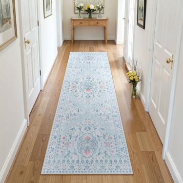 Imagem de LIVEBOX Tapete floral - 5 x 15 cm tapete floral antiderrapante lavável, ultra fino macio baixo padrão estampa vintage tapete medalhão para cozinha, lavanderia, banheiro quarto (azul claro)