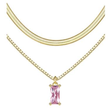 Imagem de Colares femininos com pedra do mês de nascimento de ouro - Colar delicado banhado a ouro 14K em camadas com pingente de diamante verde brilhante, simples, leve, conjunto de colar de corrente de ouro