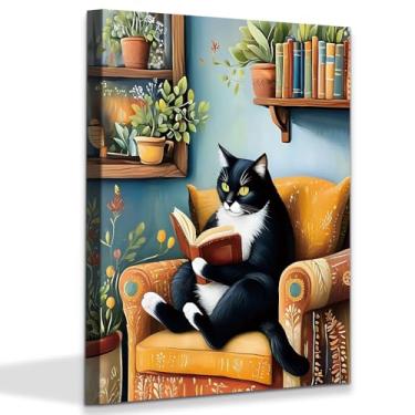 Imagem de Arte de parede em tela de gato de leitura engraçada emoldurada moderna animal leitura livro imagem decoração de parede retrô desenho animado gato japonês pintura impressão arte para café, bar
