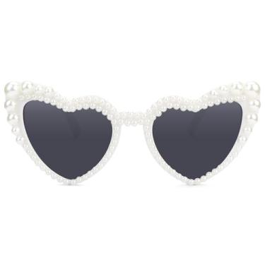 Imagem de Óculos de sol de coração para mulheres, óculos de sol bonitos e clássicos com proteção para os olhos, Pérola - Branco, Grey lenses