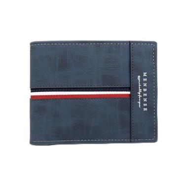 Imagem de Carteira masculina dobrável moderna, macia e curta, para guardar 6 cartões, 1 cartão de identidade e 2 bolsos com zíper, padrão de listras intermediárias, carteira compacta de poliuretano retrô (azul)