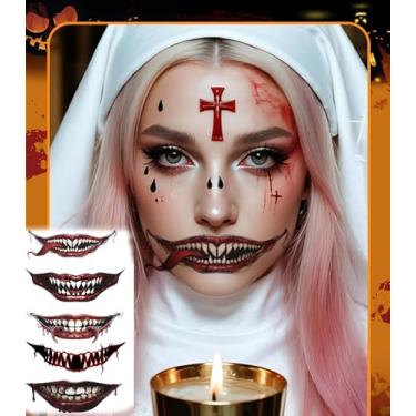 Imagem de 5 peças temporárias de boca grande assustadora de Halloween, adesivo de boca de coringa, adesivo de brincadeira de festa, tatuagens temporárias decoração de rosto de vampiro zumbi