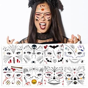 Imagem de 10 folhas de tatuagem temporária de maquiagem de brincadeira de Halloween, tatuagens temporárias de rosto para adultos, para festas de Halloween e eventos de cosplay