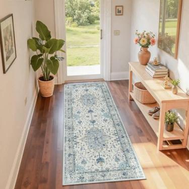 Imagem de RELEANY Tapetes Laváveis Antiderrapantes De 2'X6', Com Estampa Floral Vintage, Medalhão, Para Sala Estar, Quarto E Jantar, Azul Marinho, Bege Cinza