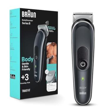 Imagem de Braun Body Groomer 5 para homens, BG5340, ferramenta de paisagismo, tecnologia SkinShield, pente sensível, lâmina de metal afiada vitalícia, aparador corporal para homens, cinza/branco