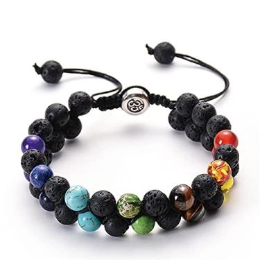 Imagem de Pulseira em camadas, olho de tigre, 7 chacras com pedras de contas feitas à mão, corda trançada, ioga, cura, pedra vulcânica, miçanga, difusor de óleo essencial para homens, meninas adolescentes e mulheres menino, joia ajustável para med, Pedra Pedra corda, Pedra