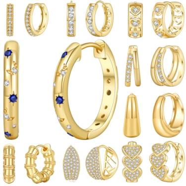 Imagem de Compre 1 e ganhe 9 brincos de estrela e lua brincos de zircônia cúbica hipoalergênicos CZ Halo Brincos de argola de ouro para mulheres, brincos pequenos e grossos de argola