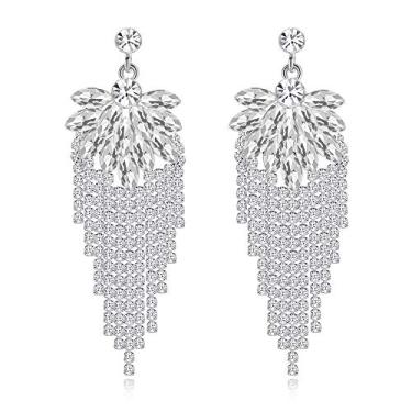 Imagem de Lustre de noiva mecresh prata strass cristal longo borlas brincos pendentes para casamento