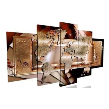 Imagem de Kit quadro decorativo 5 peças 95x60cm mapa mundi geografia elefante
