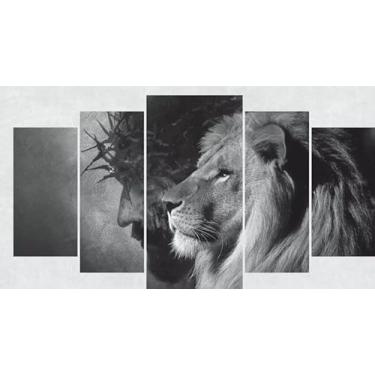 Imagem de Kit quadro decorativo 5 peças 95x60cm Jesus Cristo E Leão Preto E Branco