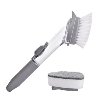 Imagem de Escova de Limpeza com Dispenser de Sabão, Cinza, 23cm, Material PP e Borracha, Capacidade 150ml, Para Cozinha e Louça, Com Cabeças Intercambiáveis