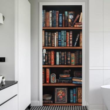 Imagem de REDAMANCY Antiga prateleira de livros vintage adesivos de porta adesivos de vinil 3D mural de porta decoração papel de parede autoadesivo, impermeável, removível