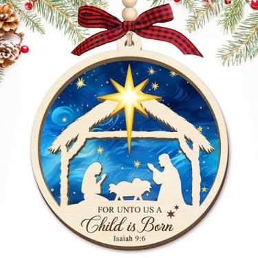 Imagem de Enfeites de presépio de Natal de madeira, decoração religiosa, madeira natural, design de estrela, conjunto de 6 peças