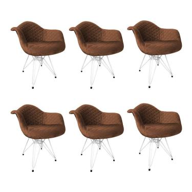 Imagem de Kit 6 Poltronas Jantar Estofadas Caramelo Base Ferro Branco Amarelo