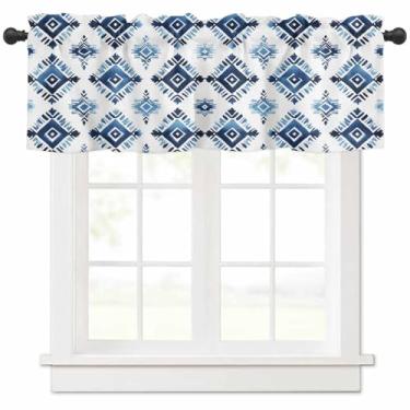 Imagem de Cortina de cozinha estilo étnico para janela, azul, boho, bolso para varão, sanefa, cozinha, tratamento de janela para quarto, sala de estar, 106,7 x 30,5 cm