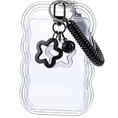 Imagem de YBEATY Lindo porta-cartões fotográficos, sino, estrela, onda, porta-cartões fotográficos, protetor de crachá de plástico preto, transparente, criativo e com corda de mola para estudantes de ônibus