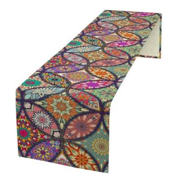 Imagem de Caminho de mesa floral boho, flor colorida, retrô, boêmia, mesa, cozinha, sala de jantar, decoração de festa em casa, 33 x 91 cm