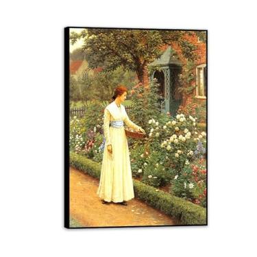 Imagem de SDYJ6GSW Edmund Leighton impressão em tela rosas de verão por reproduções de pinturas famosas Edmund Leighton pôster arte de parede para sala de estar quarto decoração de parede 100 x 70 cm (83.8x71.1