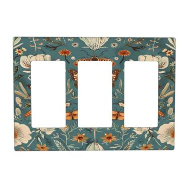 Imagem de DWBGUO Capas decorativas com borboleta rústica, flor branca em fundo azul, placa de parede de 3 gangues, capa de interruptor de luz tripla para decoração de casa de campo