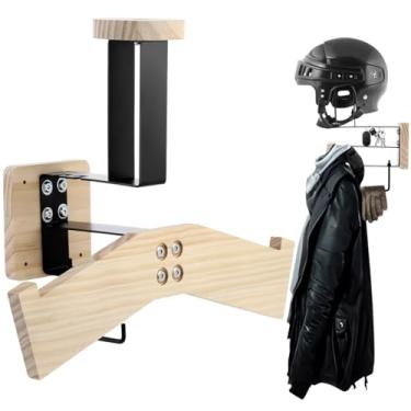 Imagem de Chewtoyo Suporte de parede para capacete, suporte resistente, gancho com cabide de madeira, capacete e cabide, bicicleta para exibição de suporte multiuso, equipamento de futebol, beisebol, esqui