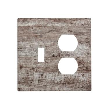 Imagem de Wmhusu Placa de cobertura para interruptor de luz, cinza escuro, marrom, placa de madeira rústica, 2 placas decorativas para interruptores, 1 conjunto duplex de interruptor, capas de tomada GFCI