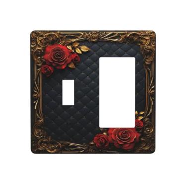 Imagem de Placa de cobertura para interruptor de luz, rosa, floral, vintage, dourado, barroco, luxo, 2 gangs, combo de placas de parede, interruptores decorativos e capas de tomada para decoração de cabana de
