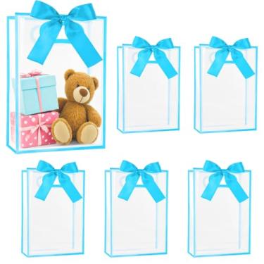 Imagem de 6 peças de sacos de presente de plástico transparente com alças, sacos de lembrancinha de festa de PP reutilizáveis com fita, embalagem de presente azul aparada a granel para casamento, chá de panela