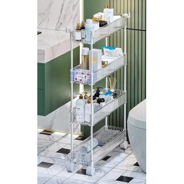 Imagem de Carrinho utilitário de plástico de 4 camadas com rodas, carrinho organizador de armazenamento multifuncional para casa, escritório, cozinha e banheiro, ultra estreito e transparente, 12,7 cm L x 33 cm