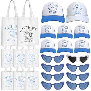 Imagem de 24 peças de presentes de despedida de solteira Last Toast on The Coast, incluindo 8 sacolas de dama de honra, 8 bonés de beisebol, 8 óculos de sol em forma de coração para despedida de solteira, dama