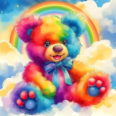 Imagem de Diosedyer Kit de pintura de diamante de urso de pelúcia arco-íris de broca completa 5D - urso colorido fofo com laço azul e fundo arco-íris, arte de cristal DIY para adultos e crianças, decoração de
