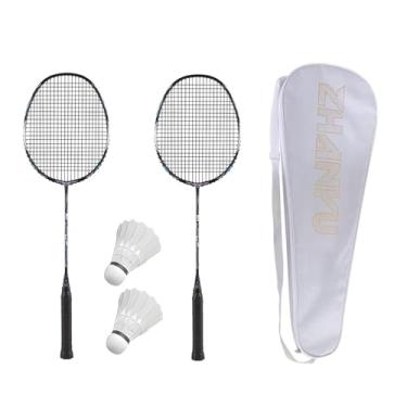 Imagem de PFVMSQA Conjunto de 2 raquetes de badminton, aderência cônica antiderrapante, fibra de carbono completa, ultraleve, ofensiva, treinamento duplo, raquete dupla, com 2 petecas leves, 1 bolsa de