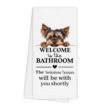 Imagem de EGBTL Toalhas de cozinha engraçadas Yorkshire Terrier, decoração de banheiro engraçada, presentes de cachorro para amantes de cães, decoração de toalhas de mão, bem-vindo ao banheiro, um cachorro