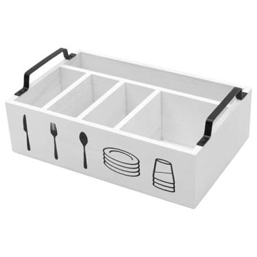 Imagem de Caixa de armazenamento de copo de papel, 5 compartimentos de madeira para talheres com alça, organizador prático de utensílios para copos, pratos, colheres, garfos, guardanapos (branco)