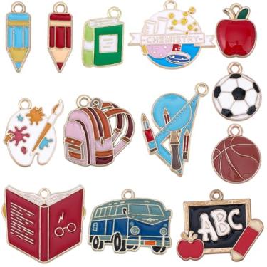 Imagem de SUNNYCLUE 1 caixa, 39 peças, 13 estilos, pingentes de volta às aulas, berloques de lápis esmaltados, livro de liga metálica, quadro-negro, aluno, professor, bolsa de ônibus escolar, pingentes de