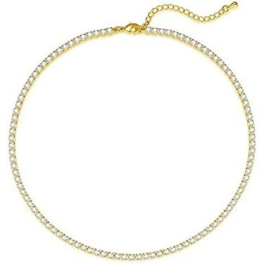 Imagem de LINEAR LUX Colar de tênis feminino banhado a ouro 14 K, gargantilha de strass, zircônia delicada, corrente de diamante sintético, ajustável, hipoalergênica, zircônia cúbica, joia elegante, 14 inches +