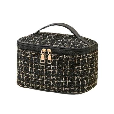 Imagem de Bolsa Necessaire Tweed Feminina para Maquiagem com Zíper Para Viagem, Mochila, Alça em Courinho (PRETO)