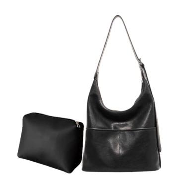 Imagem de Ruvafeny Bolsas Hobo Slouchy para mulheres, 2 peças, conjunto de carteira de couro vegano, bolsa com zíper, bolsa tiracolo, C - preto - 2 peças, Large