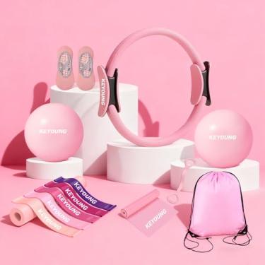 Imagem de Keyoung Conjunto essencial de equipamento de Pilates rosa de 12 peças com anel de Pilates, bola, faixas de resistência para exercícios domésticos femininos - tonifica, fortalece e melhora a