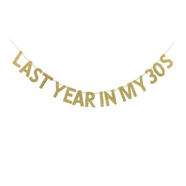 Imagem de SNFHWL Faixa Last Year in My 30s, placa de papel divertida para adultos e homens | Decoração de festa de aniversário de 39 anos para mulheres, suprimentos de grinaldas douradas com glitter