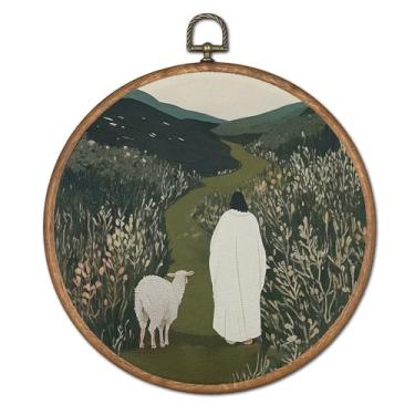 Imagem de OFJE Jesus Leaves the 99 Sheep Christian Wall Art Decor, The Lost Sheep Bible Round Wall Hanging Decor, Wildflower Religious Framed Canvas Prints for Prayer Room Church Home, 25 x 25 cm