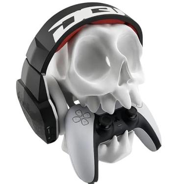 Imagem de Suporte Base para Controle PS5, PS4 e Fone de Ouvido, Design Caveira, Montagem em Parede ou Mesa, Branco
