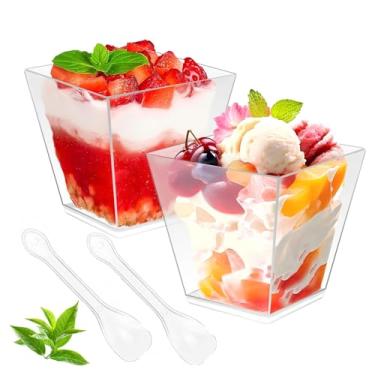 Imagem de piopiocoing Pacote com 50 copos de sobremesa quadrados de plástico transparente de 100 ml com colheres, mini copos de parfait descartáveis para iogurte, sorvete e degustação, copos de servir para