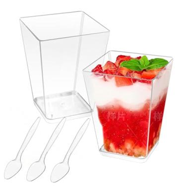 Imagem de piopiocoing Pacote com 50 copos de sobremesa quadrados de plástico transparente de 142 g com colheres, mini copos de parfait descartáveis para iogurte, sorvete e degustação, copos de servir para