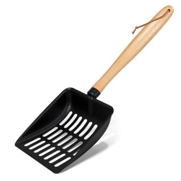 Imagem de Pá de areia para gatos, pá preta de metal premium para limpeza fácil, pá de gatinho de aço inoxidável, colher de peneira, durável, resistente, alça de madeira confortável, para caixa de areia (alça de