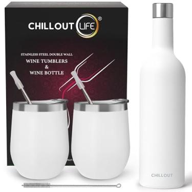 Imagem de CHILLOUT LIFE Copos de vinho de aço inoxidável de 350 ml, pacote com 2 e 1 garrafa de vinho isolada - copos de vinho isolados a vácuo de parede dupla com conjunto de tampas e canudos - branco